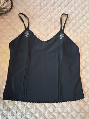Elegant Vintage Black Satin Camisole with Delicate Neckline Embroidery